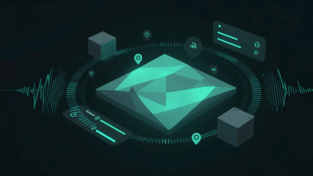 Abstract digital interface of an AI escort matching app with glowing geometric shapes and encrypted signals in darkness.