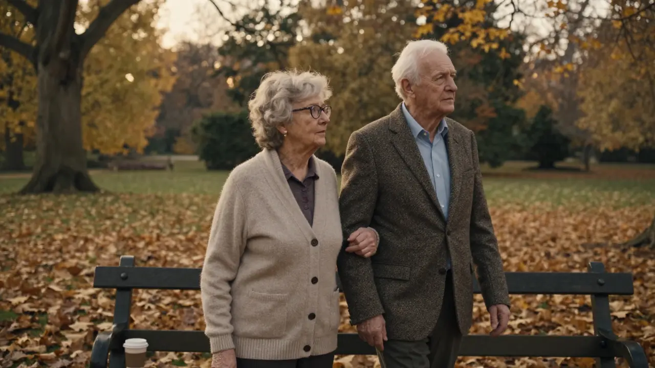 An elderly couple walking peacefully together in Hyde Park during autumn.