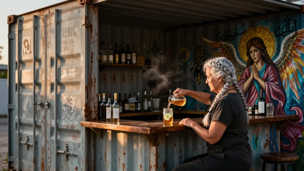 An elderly woman pouring homemade schnapps in a hidden bar made from a shipping container, surrounded by street art.