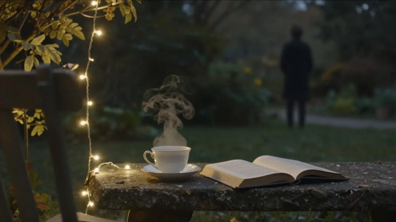 An empty garden bench with a steaming teacup, fairy lights, and a solitary silhouette at night.