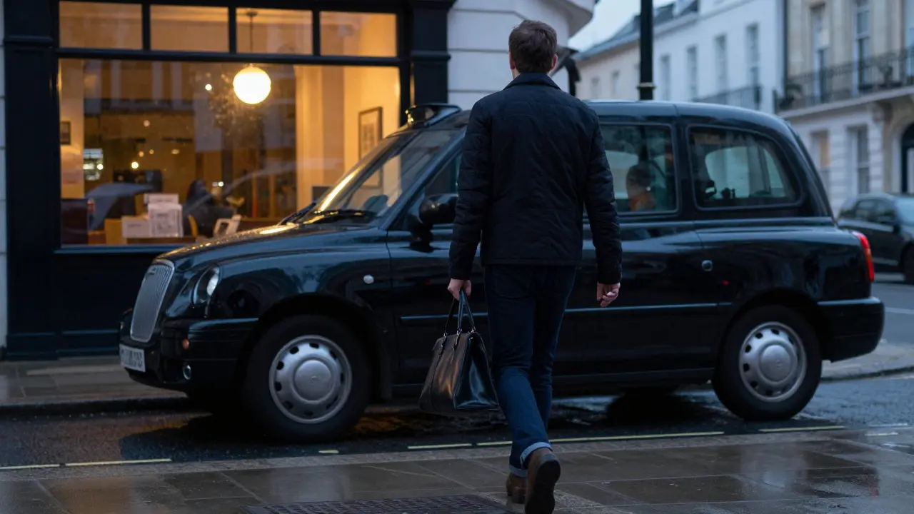 An escort walks away from a cab at dusk in Notting Hill, alone and composed under soft streetlights.