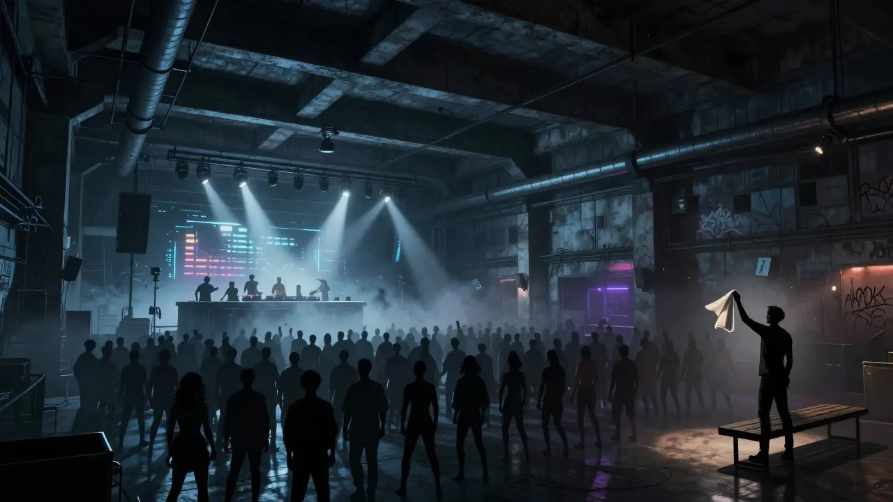 An industrial warehouse club filled with dancers under strobing lights and thick fog.