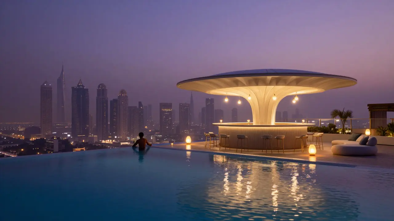 An infinity pool at Levitation Bar blends into the Dubai skyline at twilight with soft glowing lights.