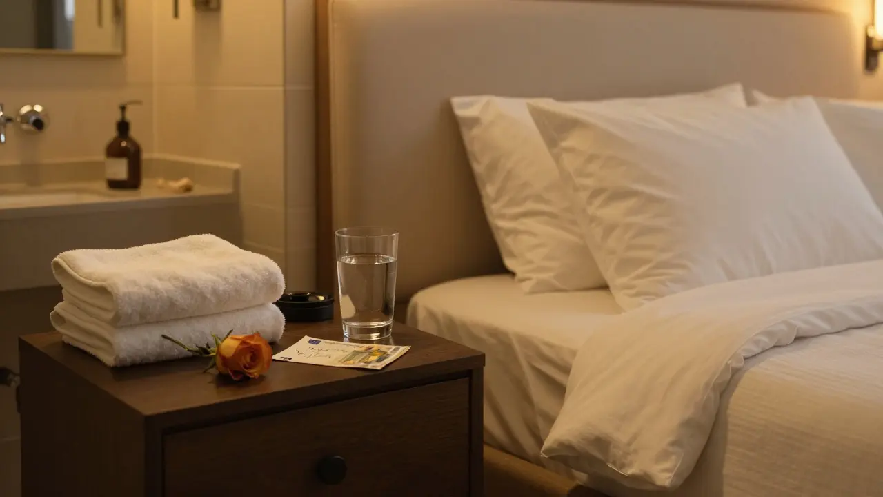 An orderly hotel room in Berlin with a rose, cash, and a note on the dresser.