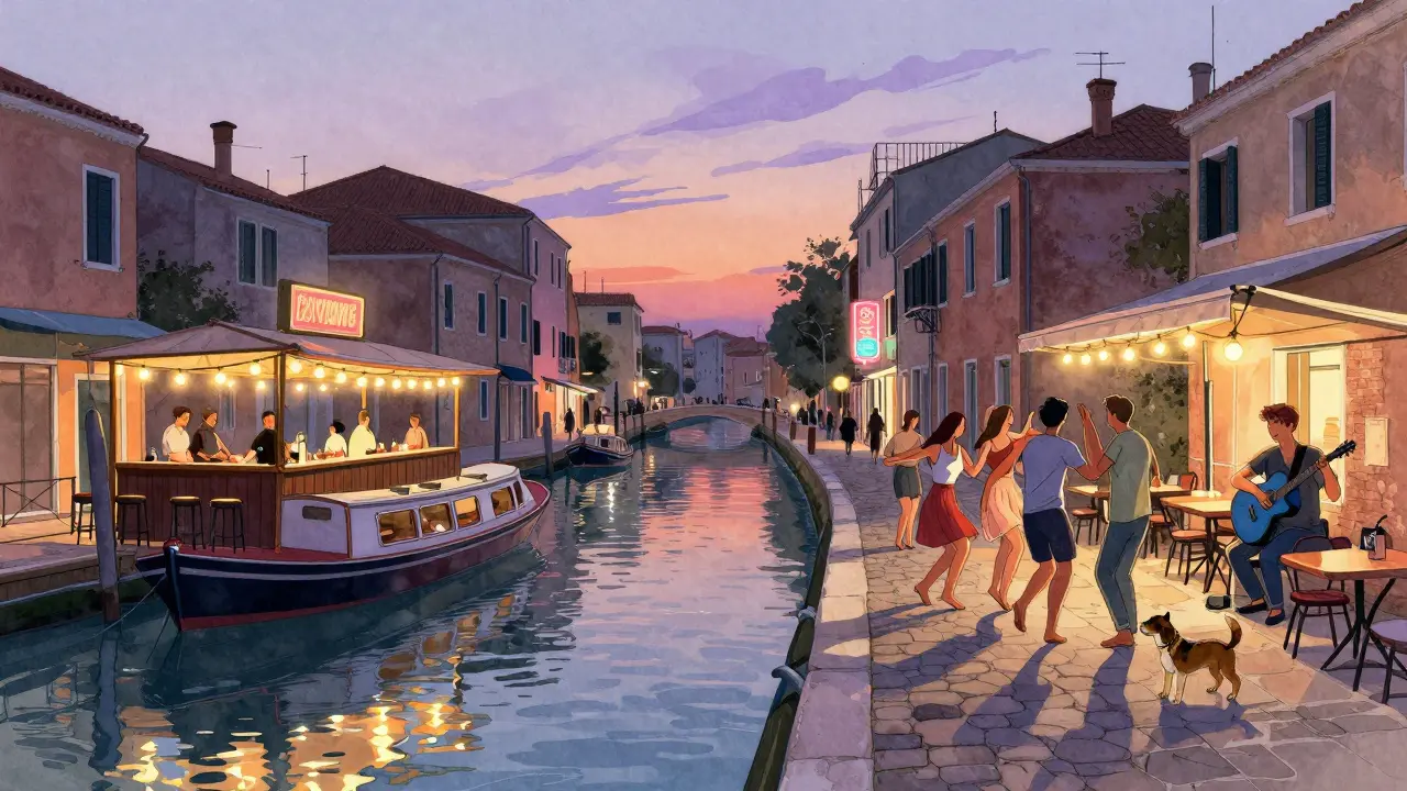 Canal district of Navigli at dusk with floating bars, neon reflections, and people dancing on cobblestones.