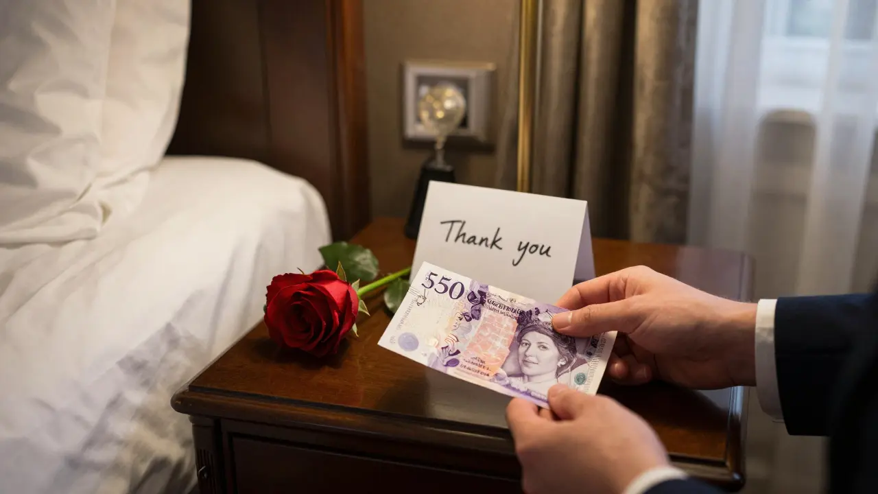 Cash and a rose on a hotel nightstand with a thank-you note, symbolizing a respectful end to a private meeting.