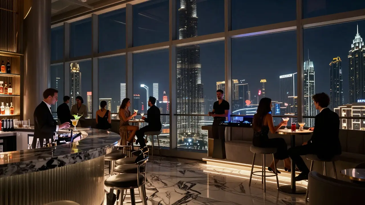 Cielo Dubai rooftop bar with stunning view of the illuminated Burj Khalifa and elegant guests enjoying cocktails.