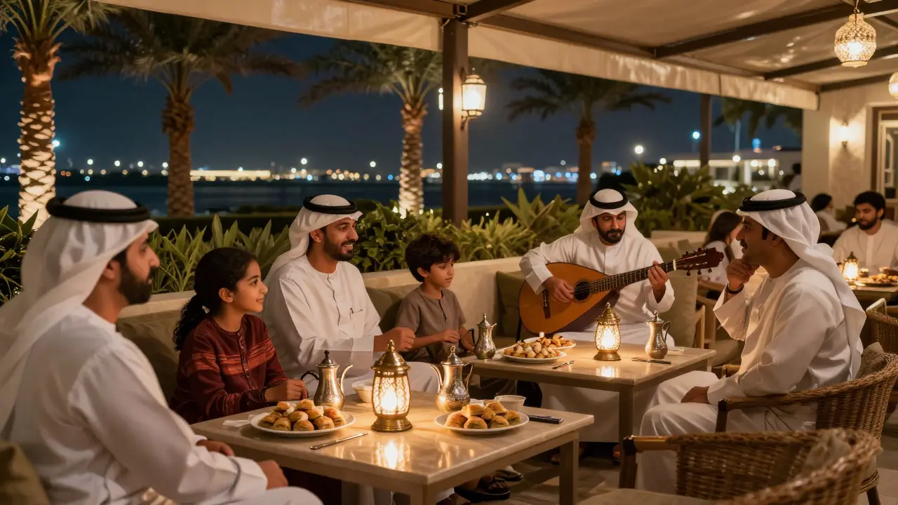 Cozy terrace with families sipping coffee and eating baklava under warm lanterns.