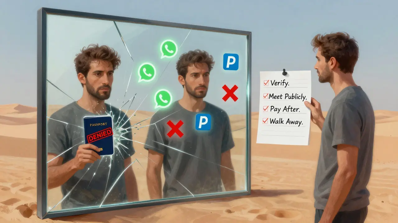 Fractured mirror showing three paths of risk and caution in Dubai companionship scenario.