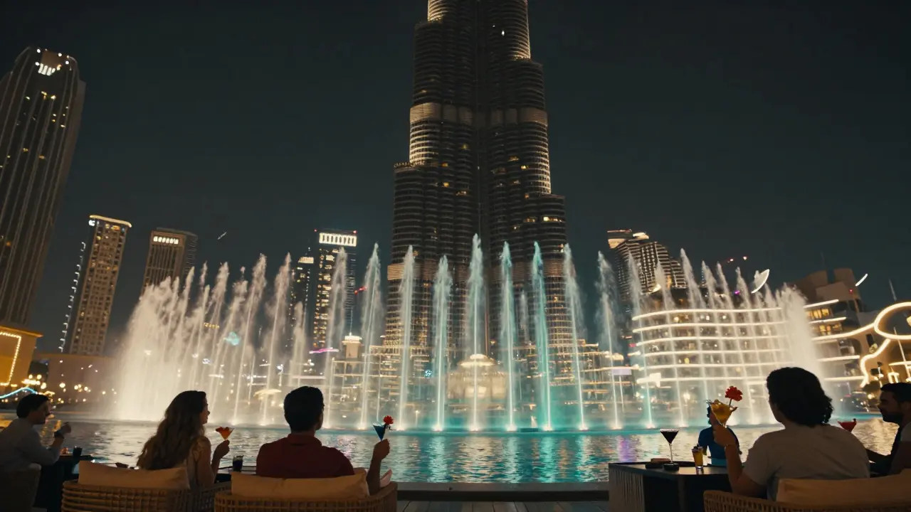 Guests at Skyview Bar watching the Dubai Fountain dance under colorful lights with Burj Khalifa in the background.