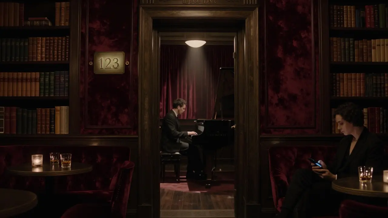 Hidden jazz bar with pianist and intimate conversation in dim, velvet-lit space