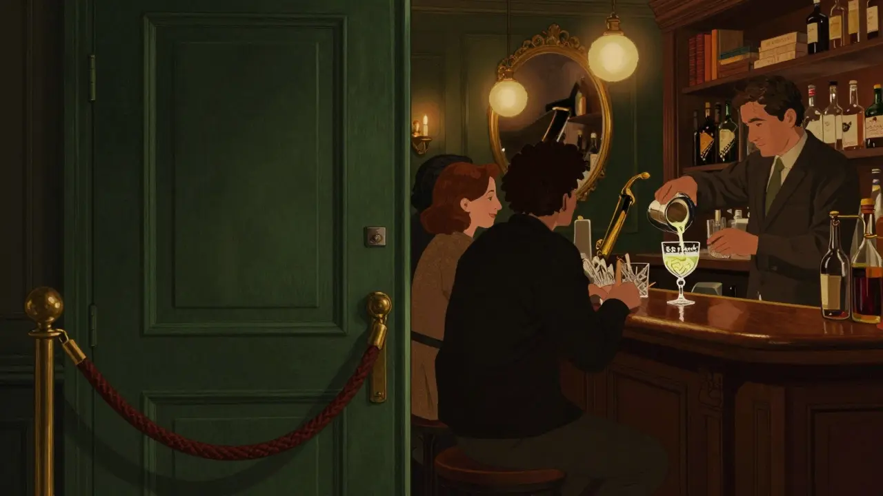 Hidden speakeasy with velvet rope and bartender pouring a unique cocktail under dim amber light.