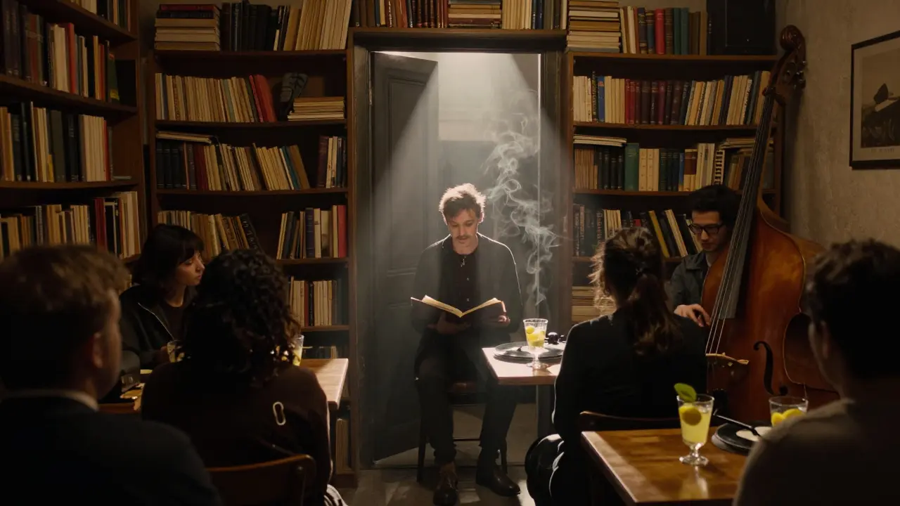 Hidden underground bar in Porta Venezia with a poet reading by candlelight, vinyl spinning, and a small attentive crowd in soft shadows.