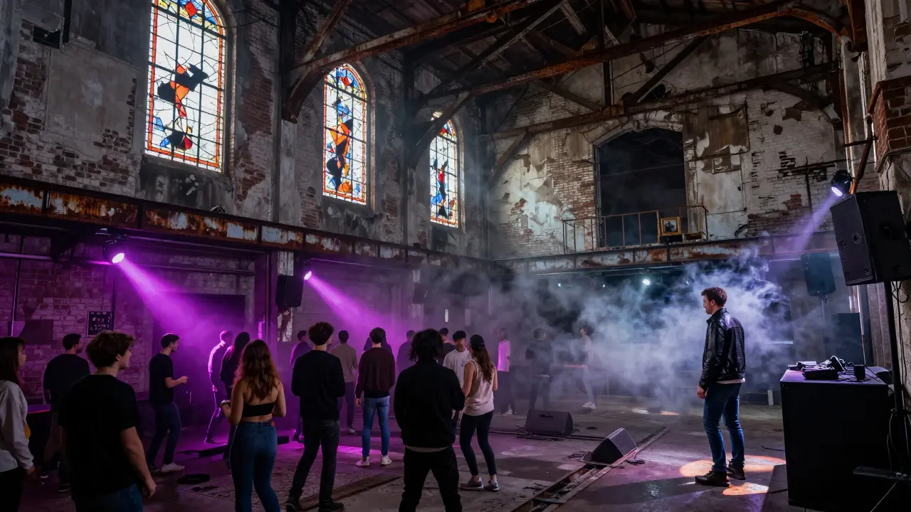 Industrial nightclub inside a converted church with dancers under colorful strobe lights.