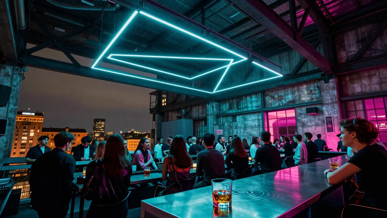 Industrial nightclub with glowing LED lights and crowd on a rooftop overlooking Milan's skyline.