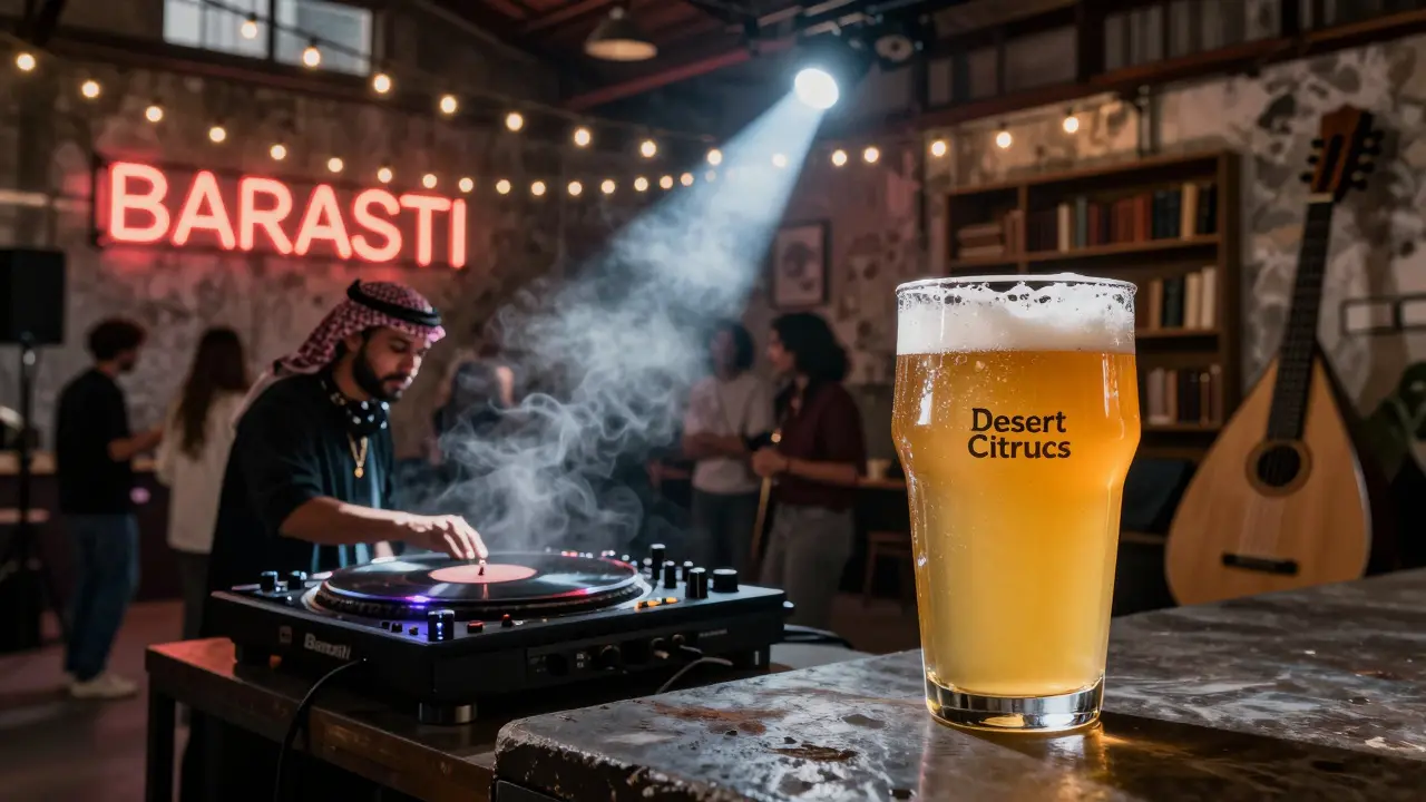 Industrial warehouse bar with DJ and patrons enjoying craft beer under neon lights.