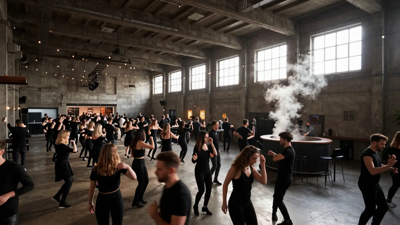 Inside Magazzini Generali club, a crowd dances under hanging string lights in a converted warehouse at midnight.