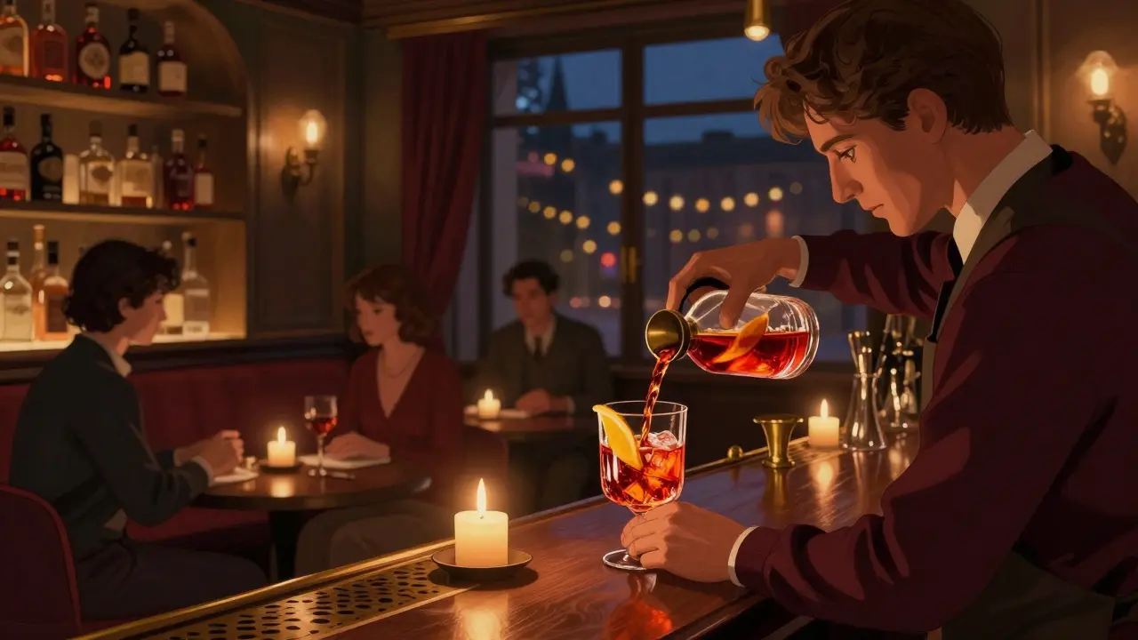 Interior of Bar Basso with bartender pouring a Negroni Sbagliato under warm candlelight.