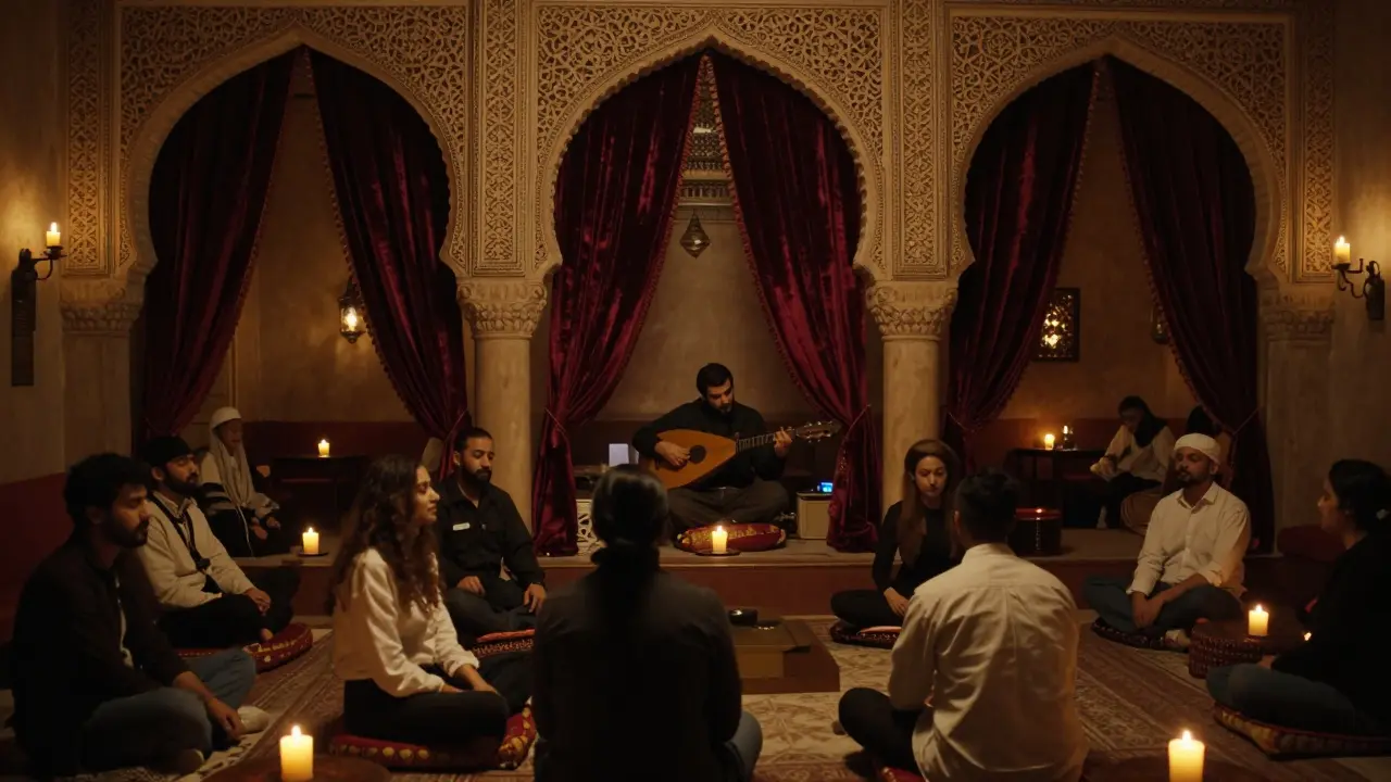 Intimate heritage lounge with candlelight, oud music, and velvet curtains in the night.