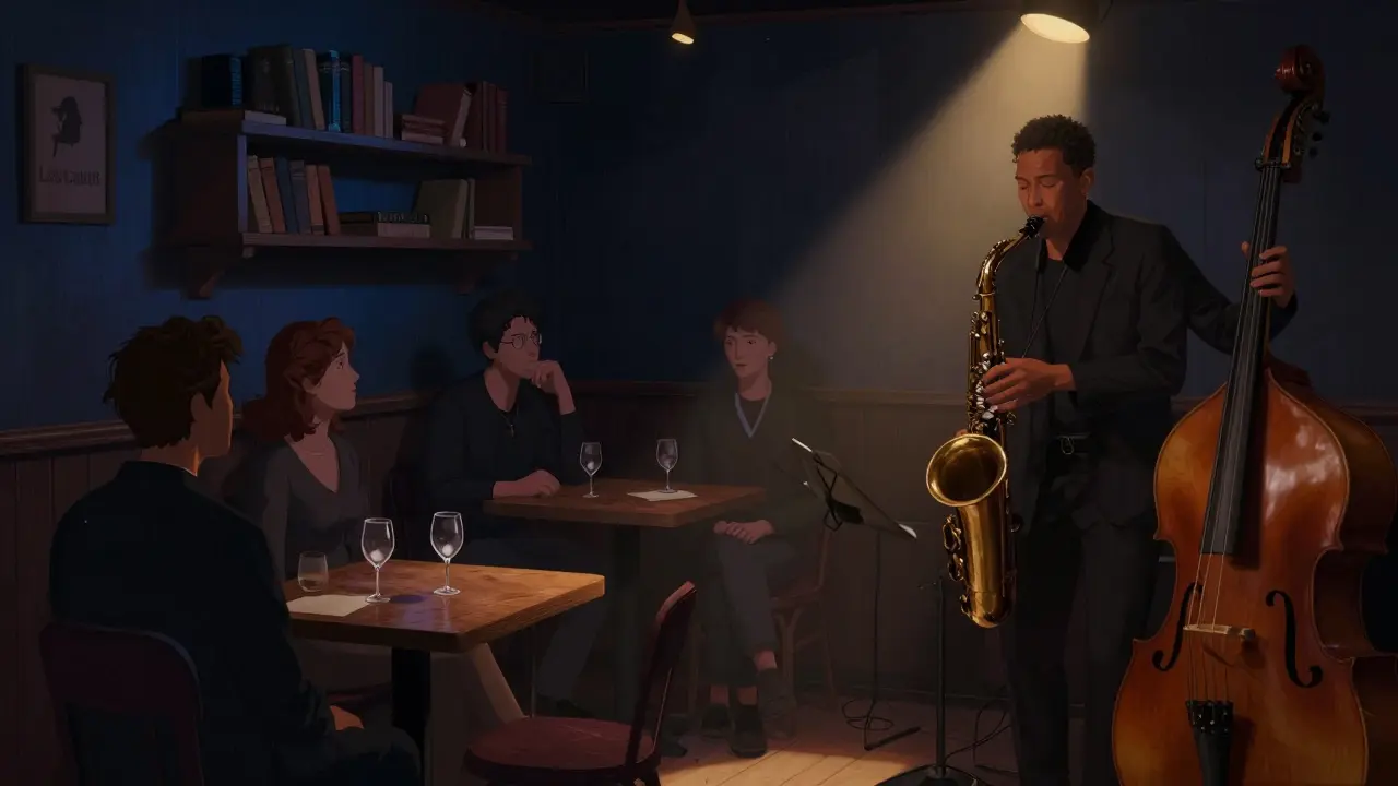Intimate jazz club with a saxophonist performing under a spotlight, listeners absorbed in the music.