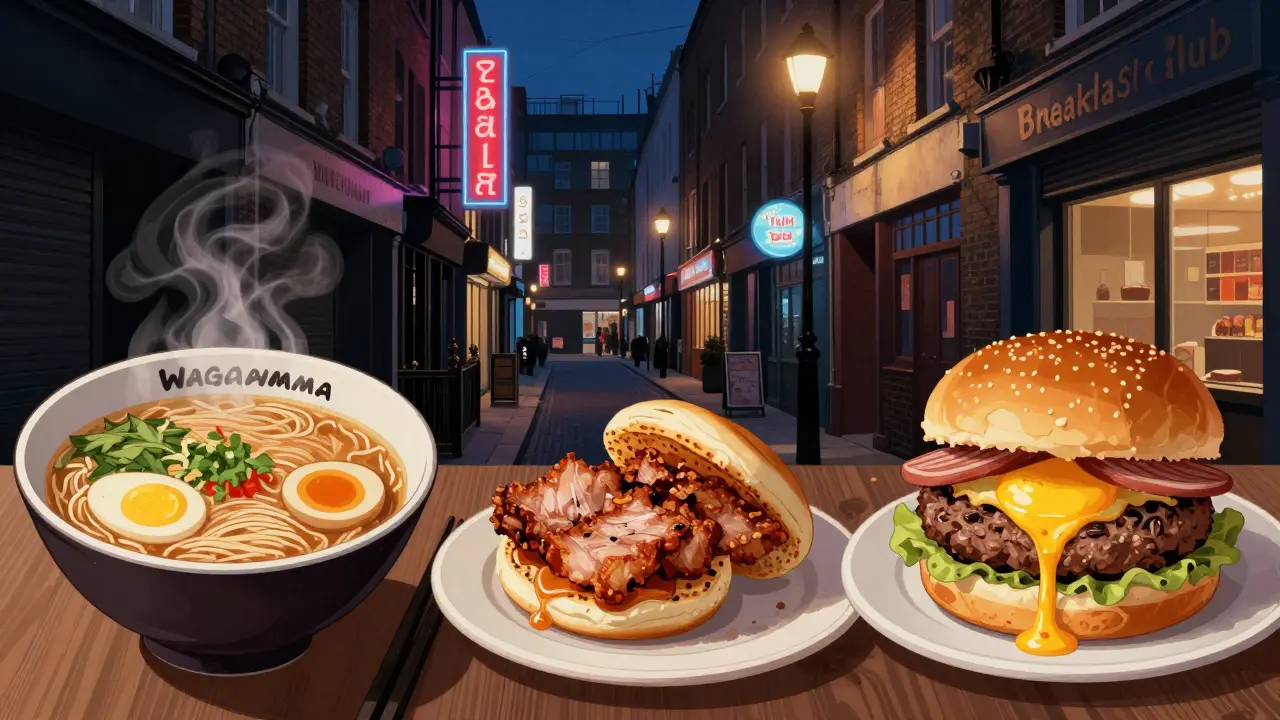 Late-night food trio: ramen, pork buns, and burger under Soho’s neon signs.