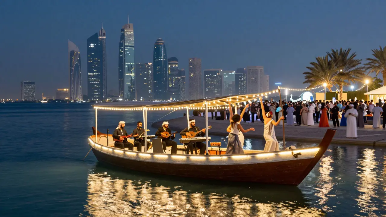 LED-lit dhow boat with fusion band performing on water under a starry Abu Dhabi sky.