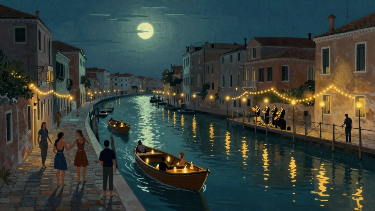 Navigli canals at night with floating cocktail boats, string lights, and barefoot dancers on cobblestones under a rising moon.