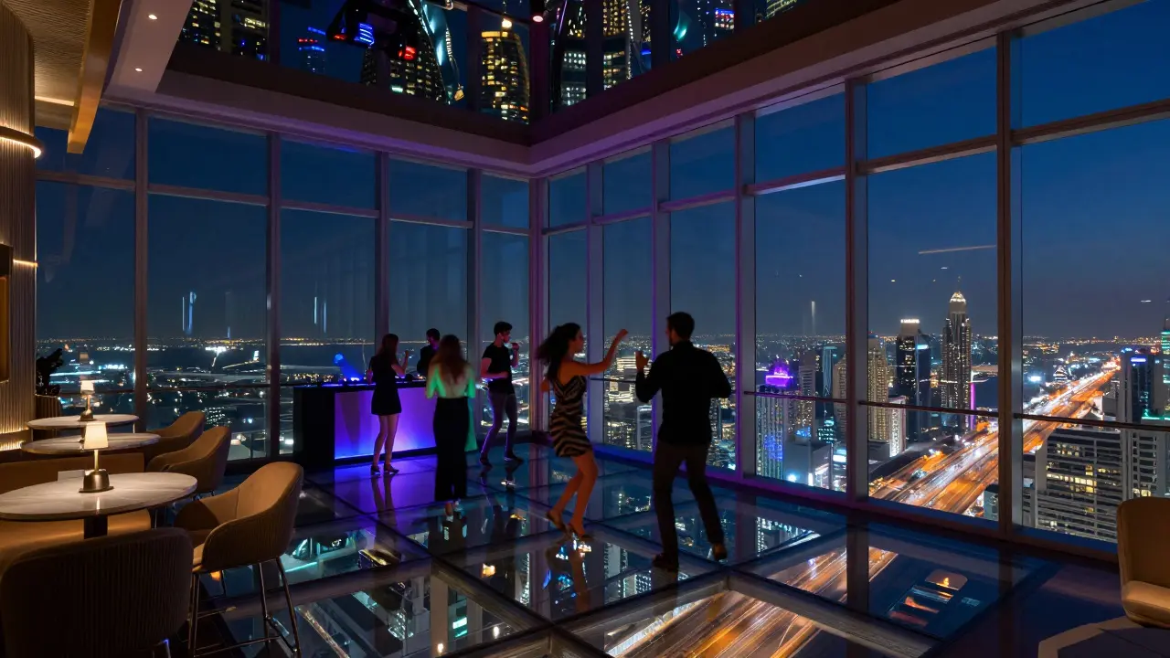 People dancing on a glass floor lounge with city lights visible below.