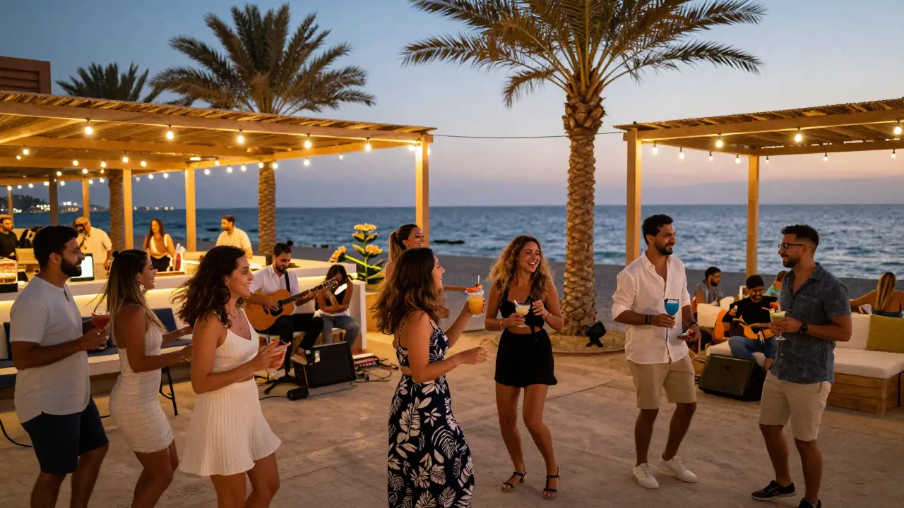 People laugh and dance at a beachside club in Abu Dhabi, enjoying music and company under the stars.