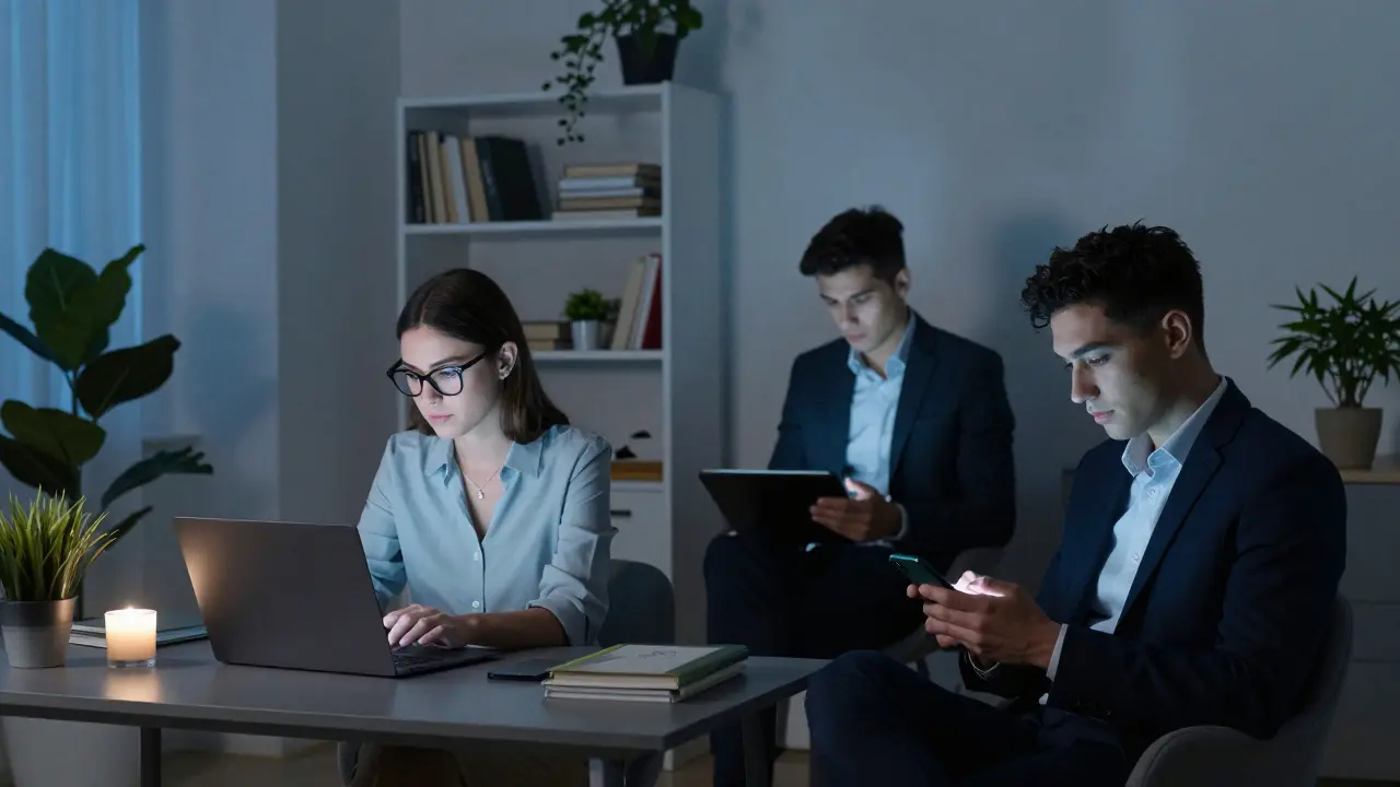 Professionals in a minimalist Milan apartment using encrypted devices for discreet companionship arrangements.