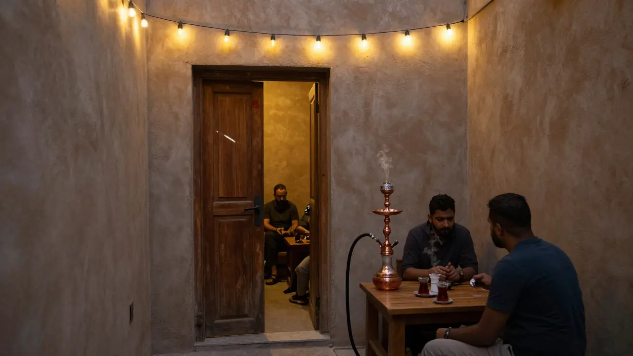 Quiet alley entrance to a hidden shisha lounge lit by string lights and a glimpse of copper hookah inside.