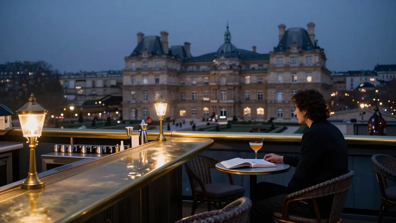 Quiet rooftop bar overlooking Luxembourg Gardens at night, a solitary figure with a drink in hand.