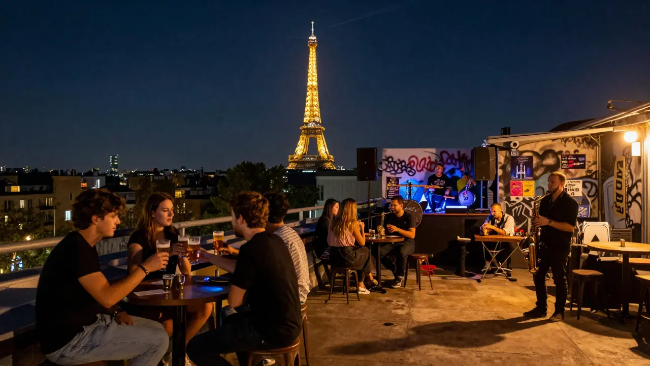 Rooftop bar in Oberkampf at night with Eiffel Tower sparkling in the distance and young locals enjoying craft beer.