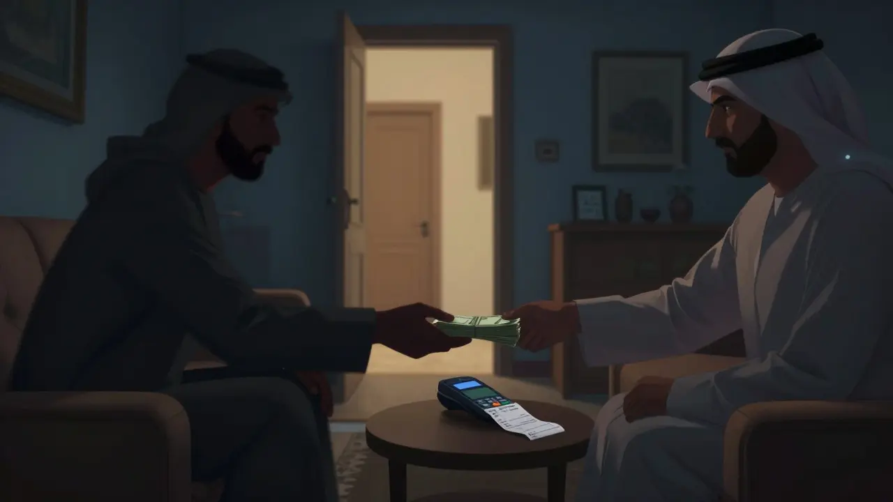 Shadowy figure exchanging cash in a dimly lit Dubai apartment, receipt visible on table.