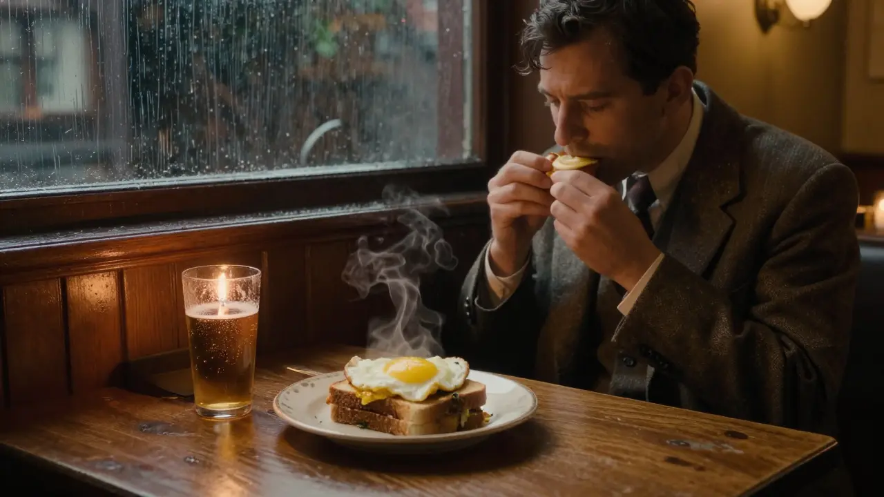 Someone eats a late-night sandwich in a cozy pub back room, rain falling outside the window.