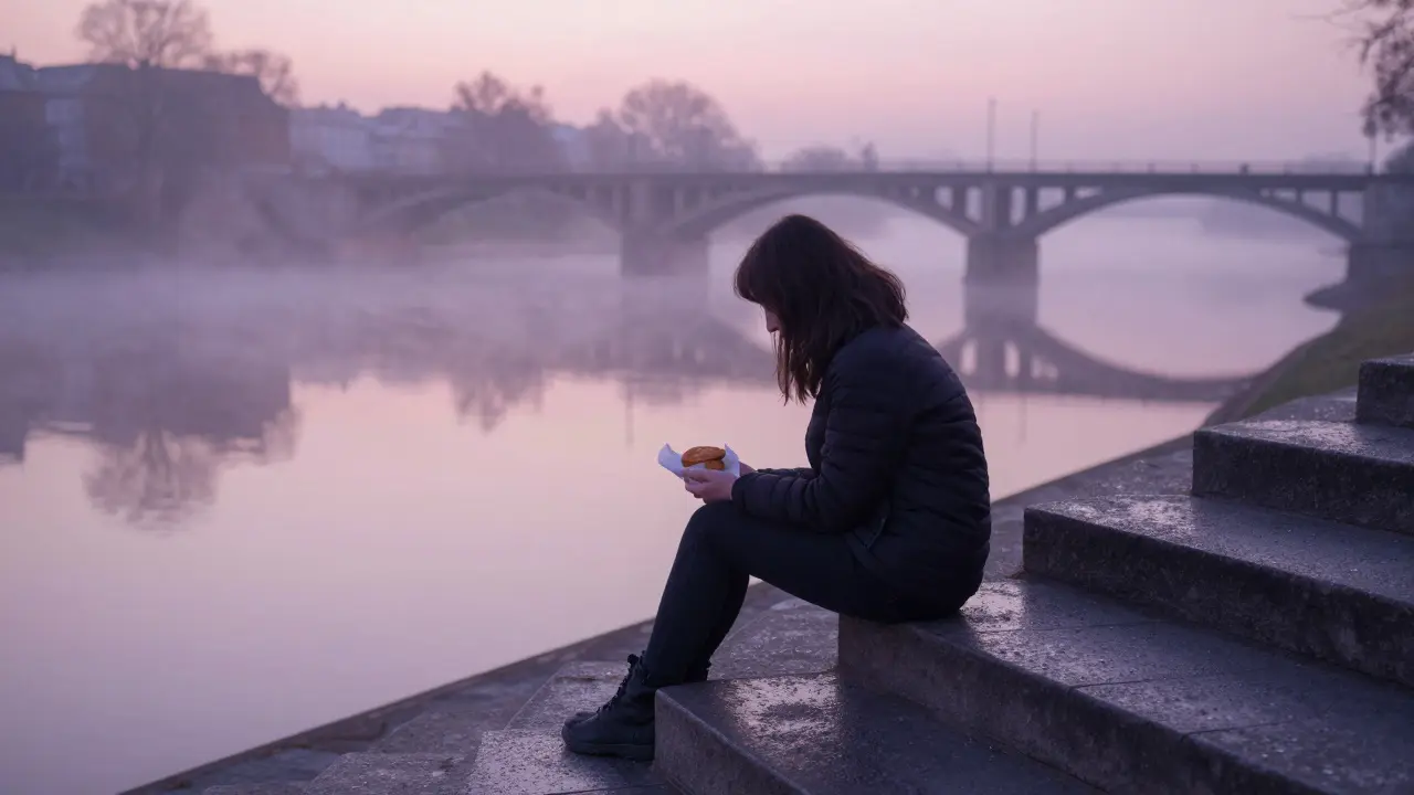 Someone sitting alone on steps by the Spree River at sunrise, mist rising, holding a warm pastry.