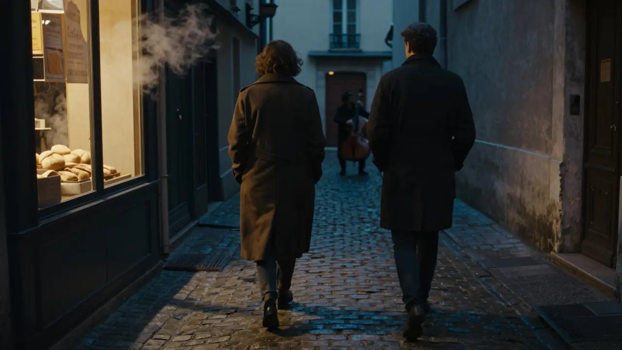 Two figures walking side by side in a Montmartre alley at dusk, coats tucked, no touch.