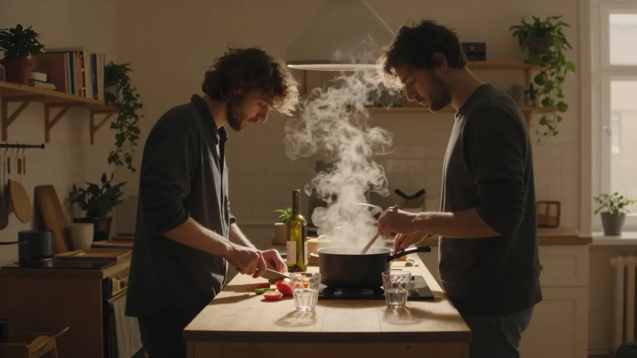 Two individuals cooking together in a cozy Berlin kitchen, steam rising from a pot, sunlight streaming through the window.