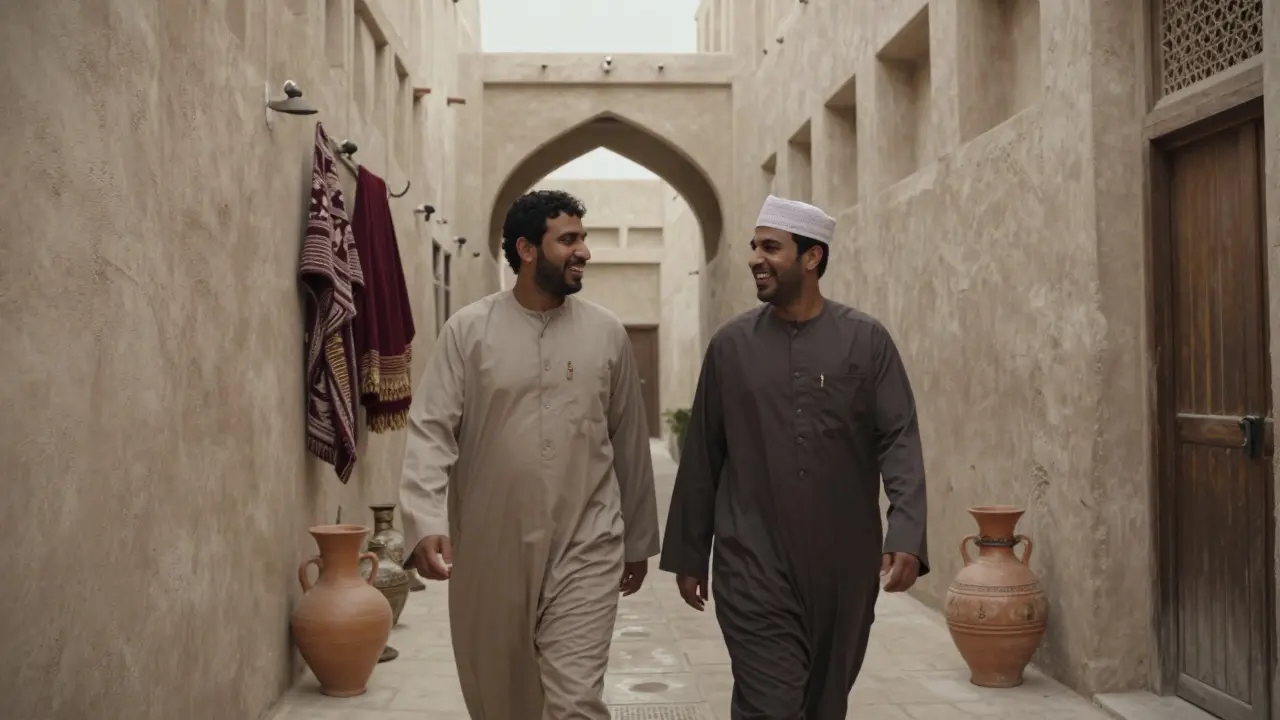 Two individuals walking through the historic alleys of Abu Dhabi's Heritage Village, discovering local culture together.