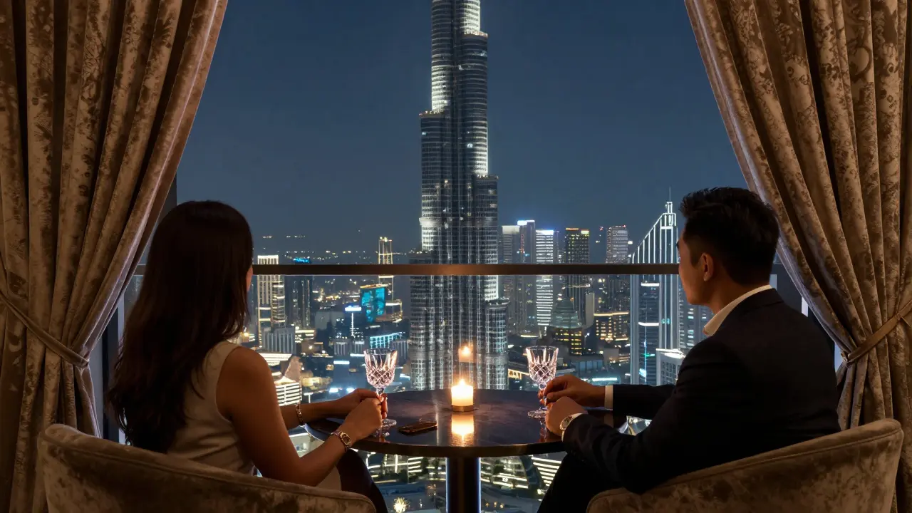 Two people in elegant attire sharing a quiet moment in a high-rise lounge with city views.