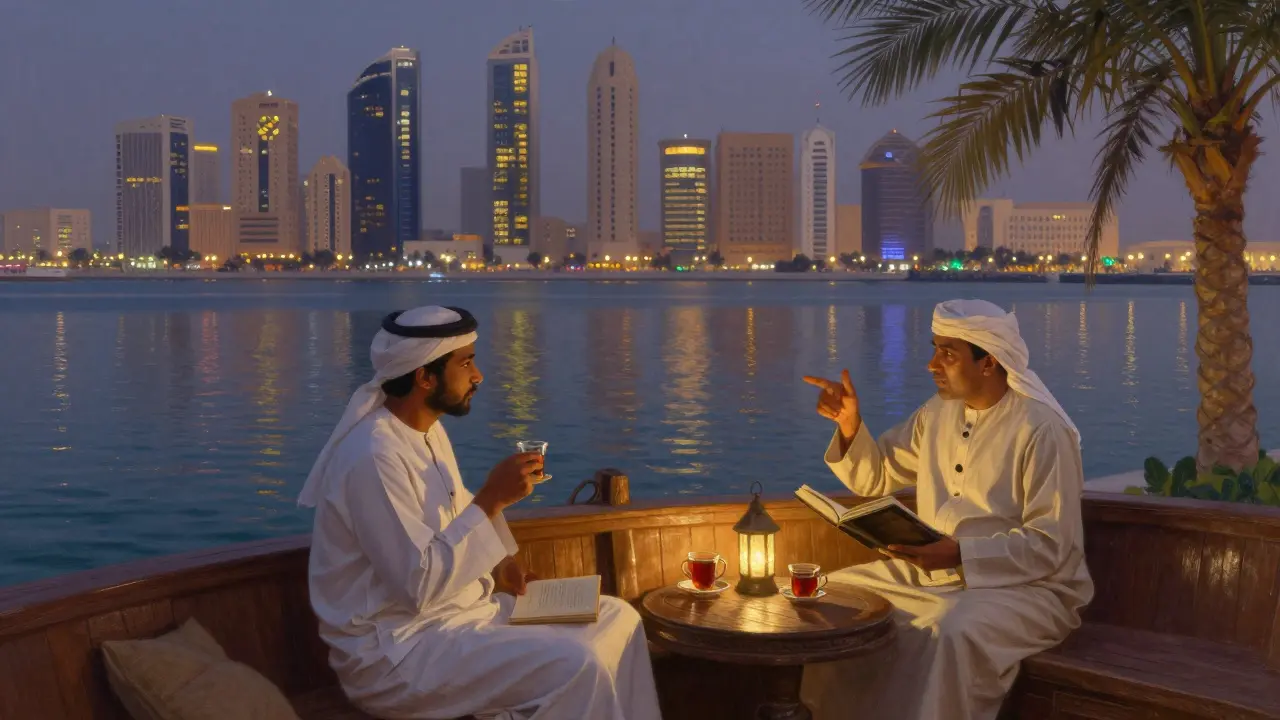 Two people on a private dhow cruise at twilight, engaged in calm conversation under soft lantern light.