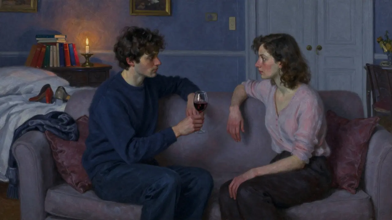 Two people share a quiet moment on a sofa, their fingers brushing briefly in gentle, intentional contact.