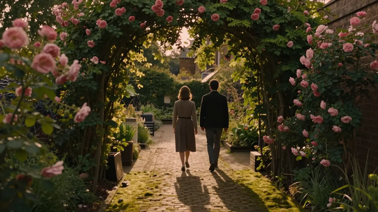 Two people strolling through a secluded rose-covered garden in Notting Hill at golden hour.