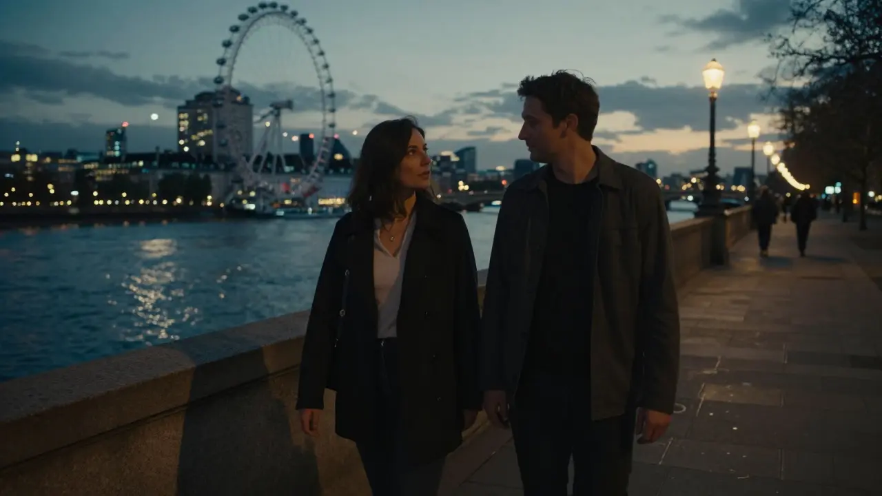 Two people walking side by side along the Thames at dusk, sharing a silent, respectful moment.