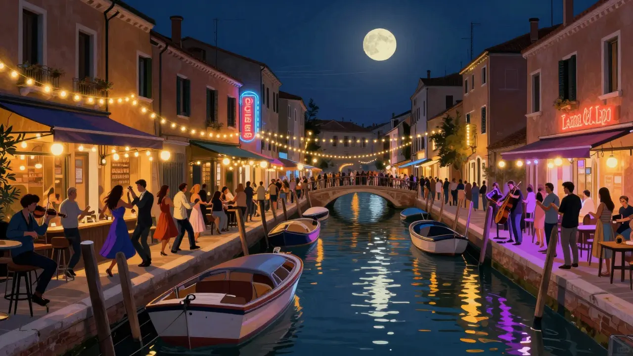 Vibrant Navigli canals lit by string lights, people dancing on sidewalks at night.