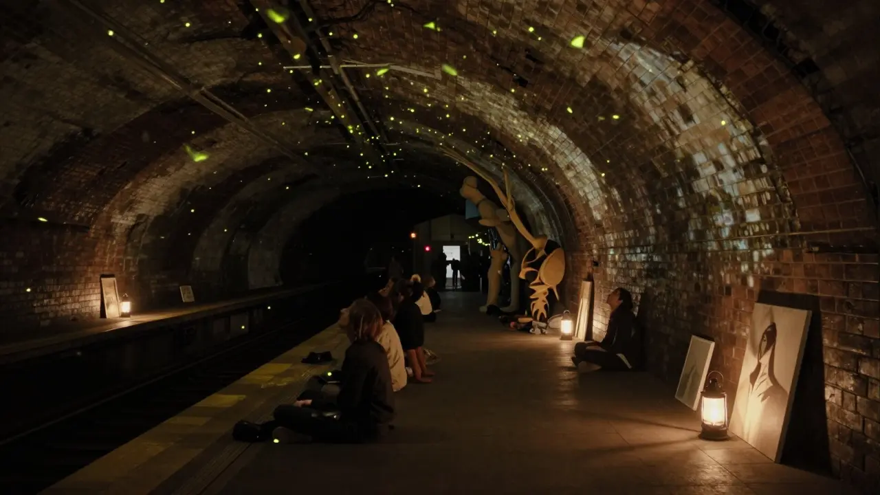 Visitors sit quietly in a converted tube station, gazing up at glowing firefly projections on the ceiling.