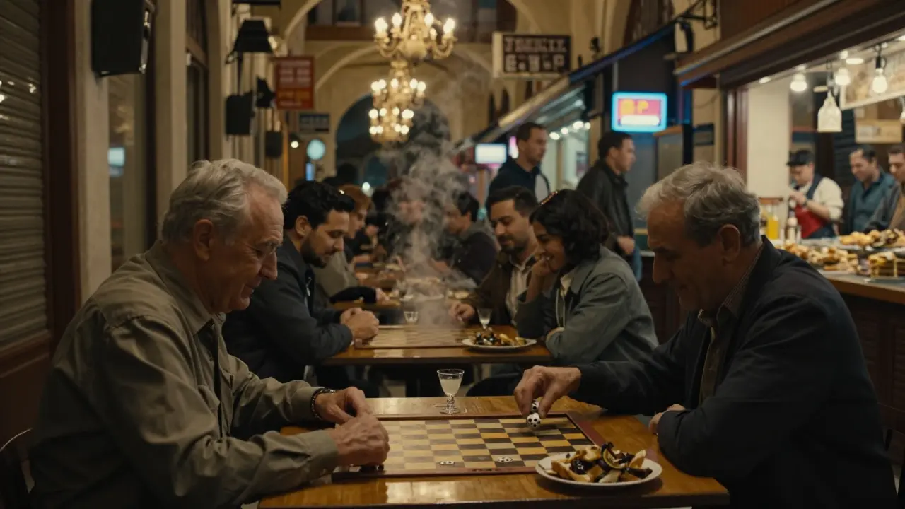A bustling 19th-century arcade at night filled with locals playing backgammon and sipping raki under ornate chandeliers.