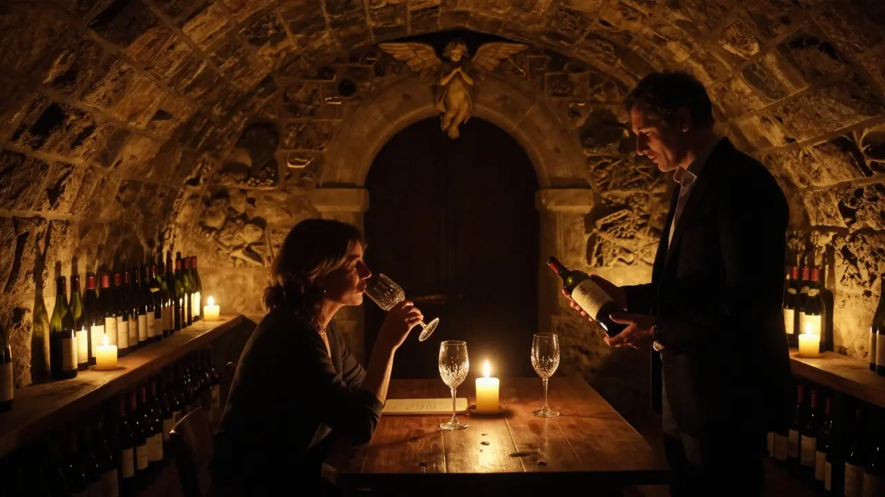 A candlelit wine cellar with glowing bottles and a sommelier presenting a rare vintage, illuminated by soft golden light.