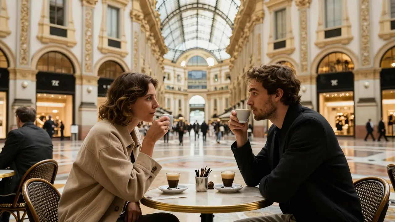 A client and companion enjoying espresso at a café inside Galleria Vittorio Emanuele II, natural light streaming through the glass dome.