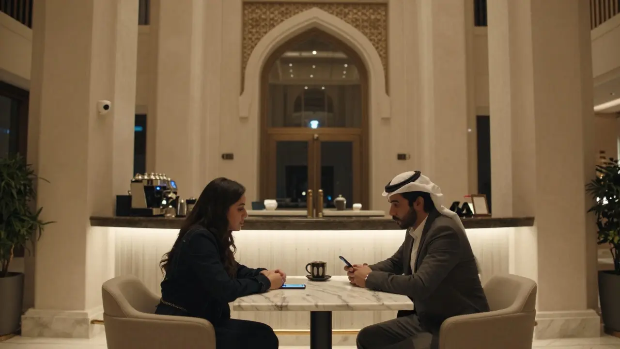 A client and companion meeting safely in a hotel lobby bar, maintaining personal space and professionalism.